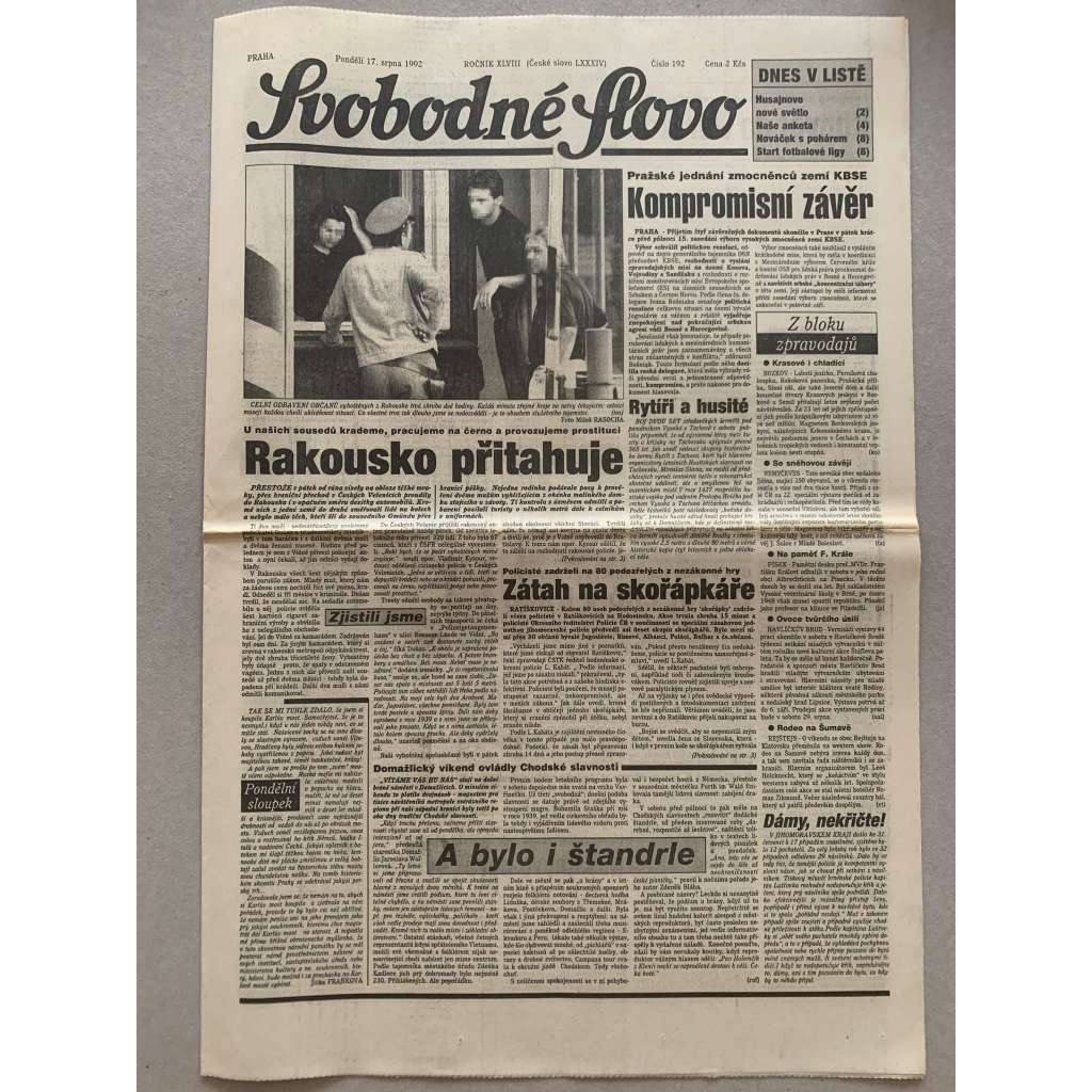 Svobodné slovo (17.8.1992) - staré noviny