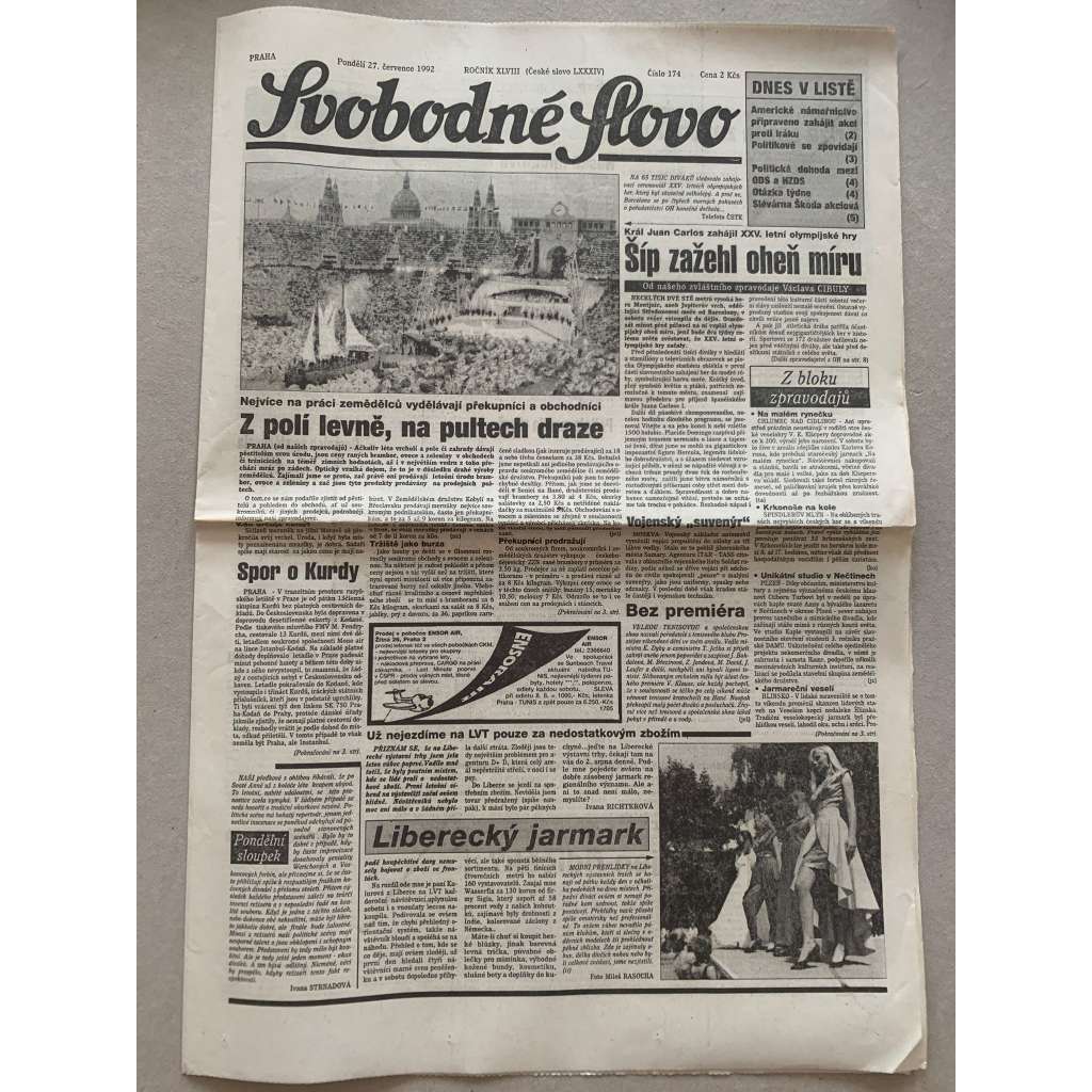 Svobodné slovo (27.7.1992) - staré noviny Svobodné slovo (27.7.1992) - staré noviny
