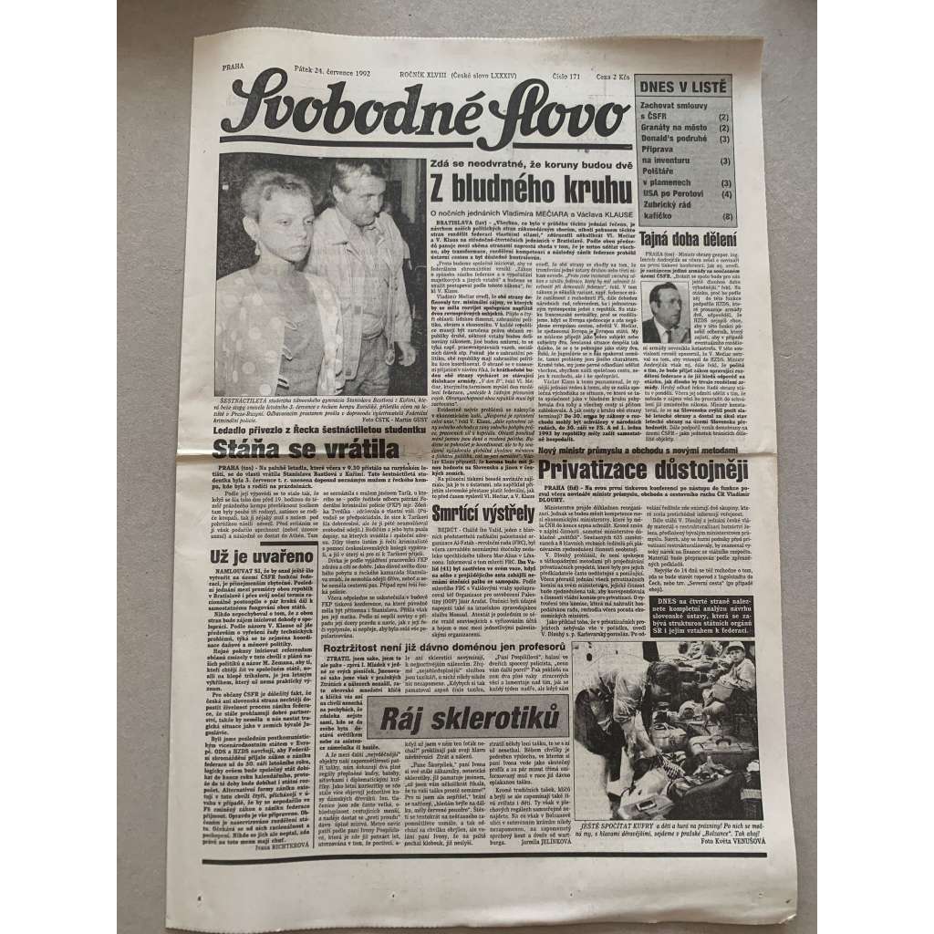 Svobodné slovo (24.7.1992) - staré noviny Svobodné slovo (24.7.1992) - staré noviny