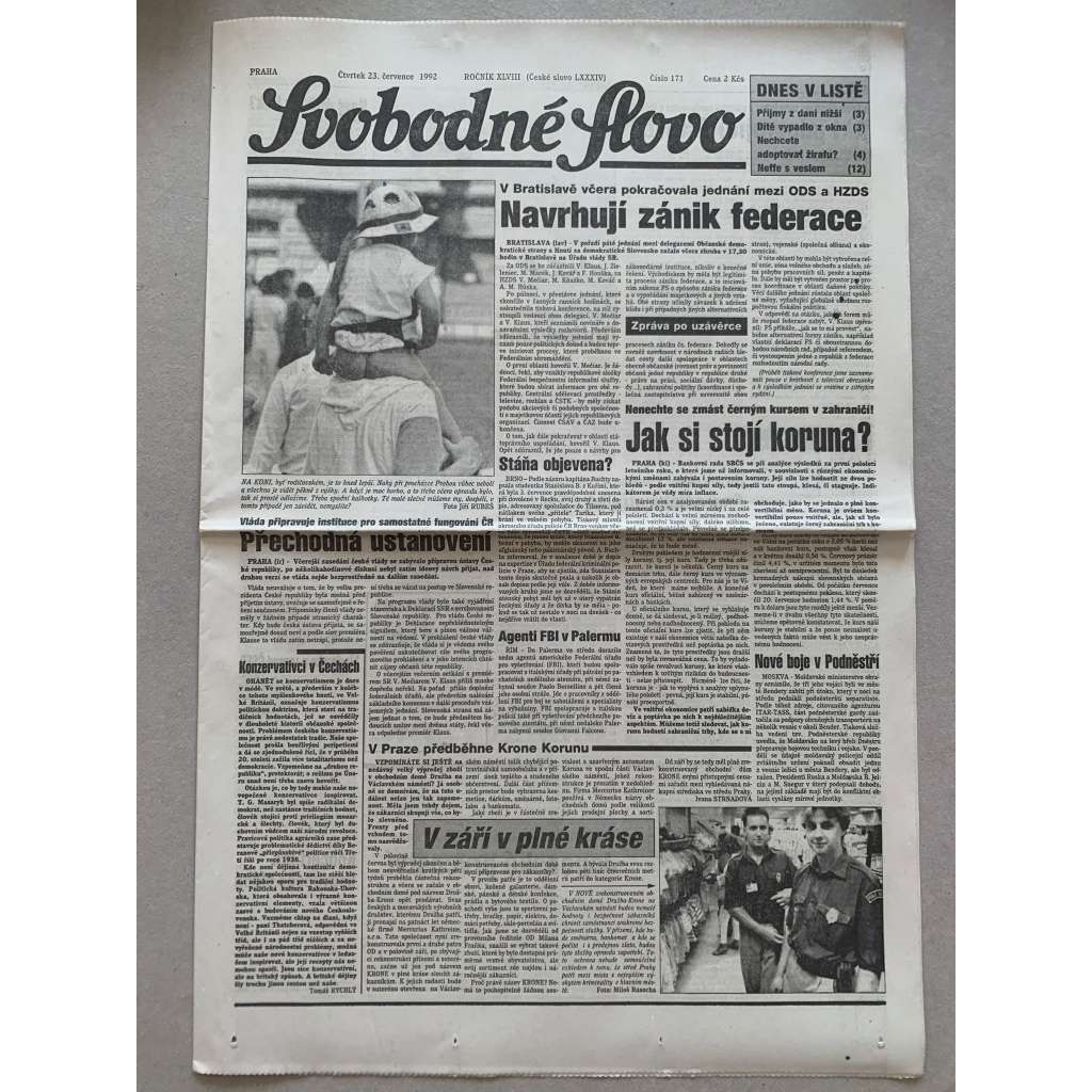 Svobodné slovo (23.7.1992) - staré noviny Svobodné slovo (23.7.1992) - staré noviny