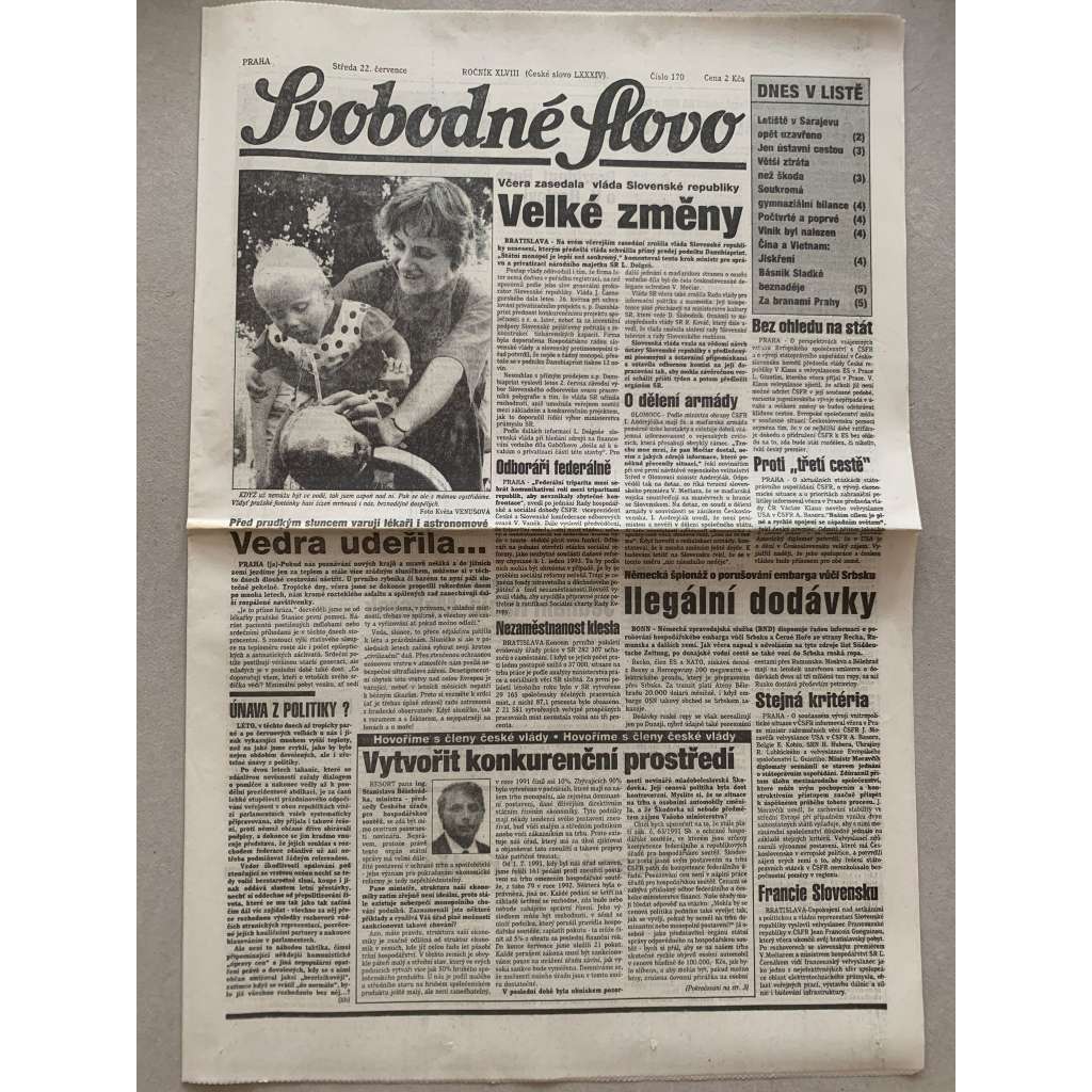 Svobodné slovo (22.7.1992) - staré noviny Svobodné slovo (22.7.1992) - staré noviny