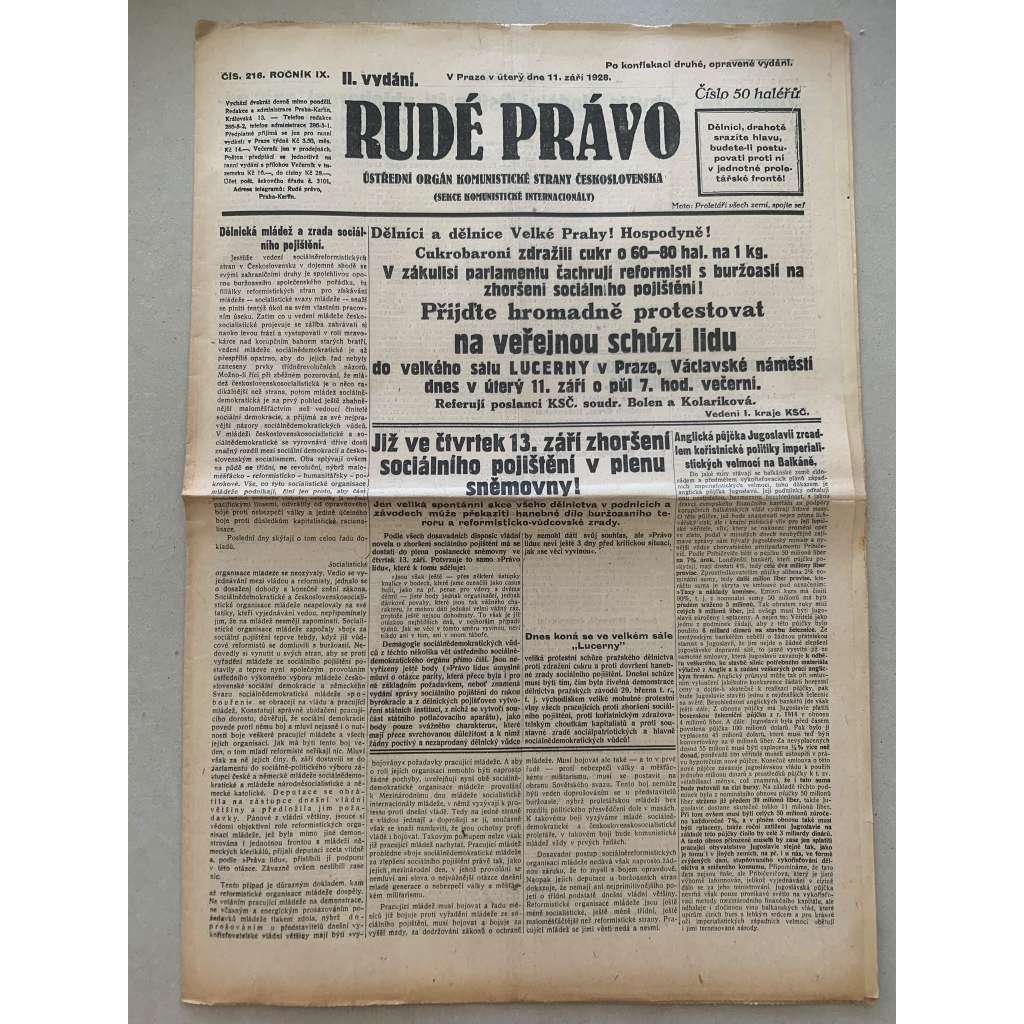 Rudé právo (11.9.1928) - 1. republika, staré noviny Rudé právo (11.9.1928) - 1. republika, staré noviny