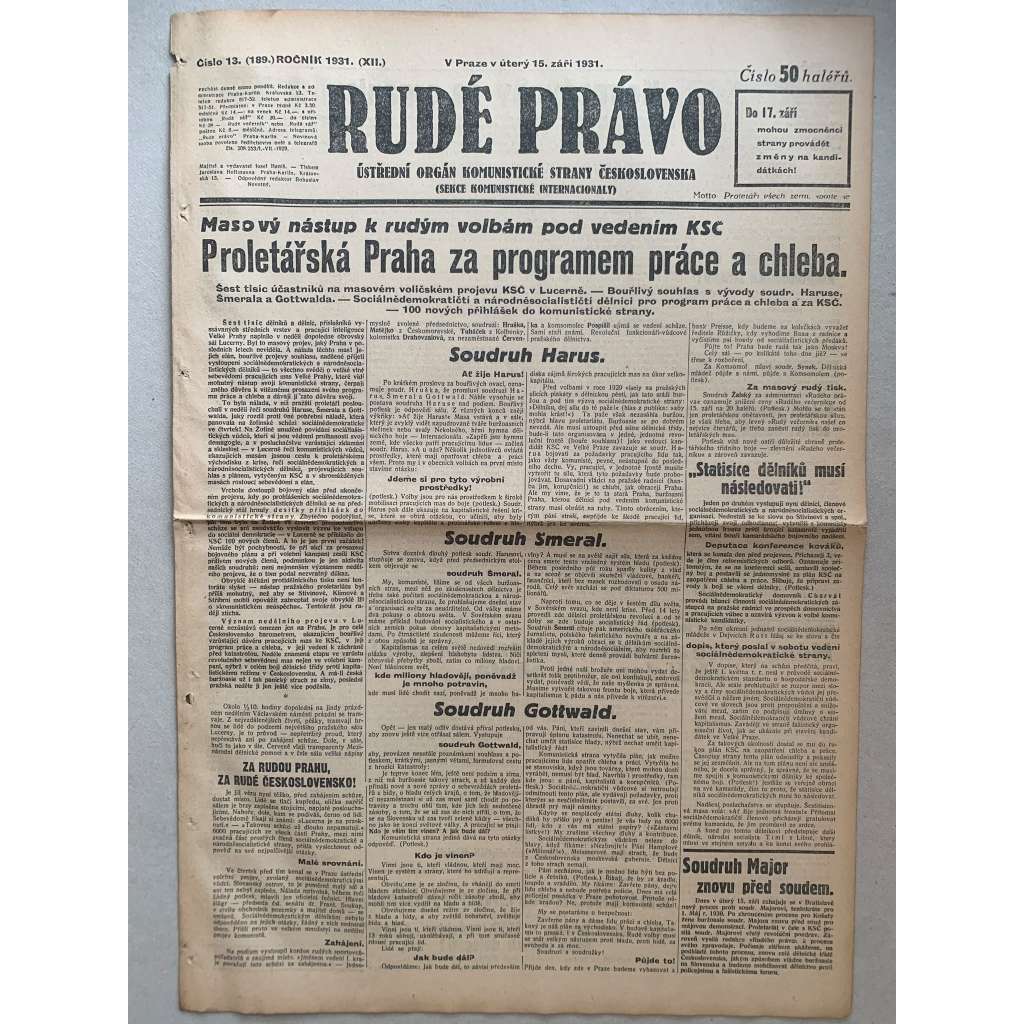Rudé právo (15.9.1931) - 1. republika, staré noviny Rudé právo (15.9.1931) - 1. republika, staré noviny