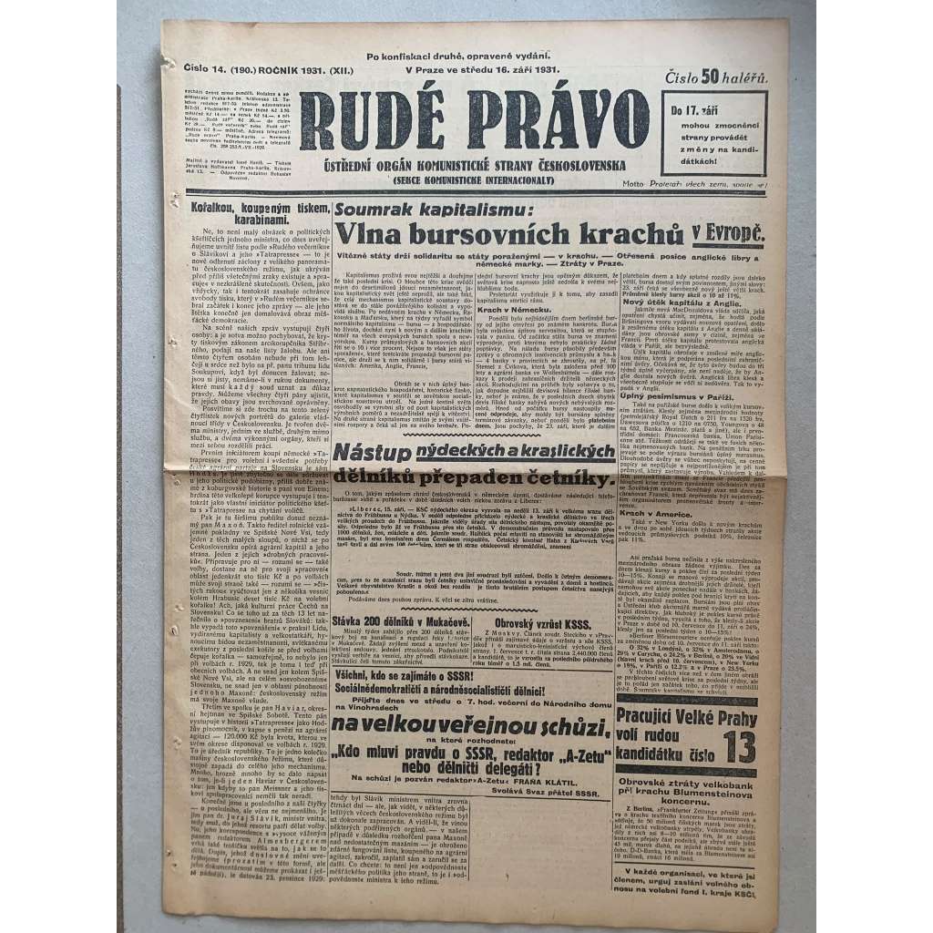 Rudé právo (16.9.1931) - 1. republika, staré noviny Rudé právo (16.9.1931) - 1. republika, staré noviny