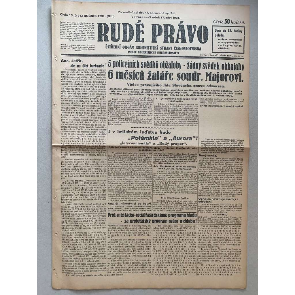 Rudé právo (17.9.1931) - 1. republika, staré noviny Rudé právo (17.9.1931) - 1. republika, staré noviny
