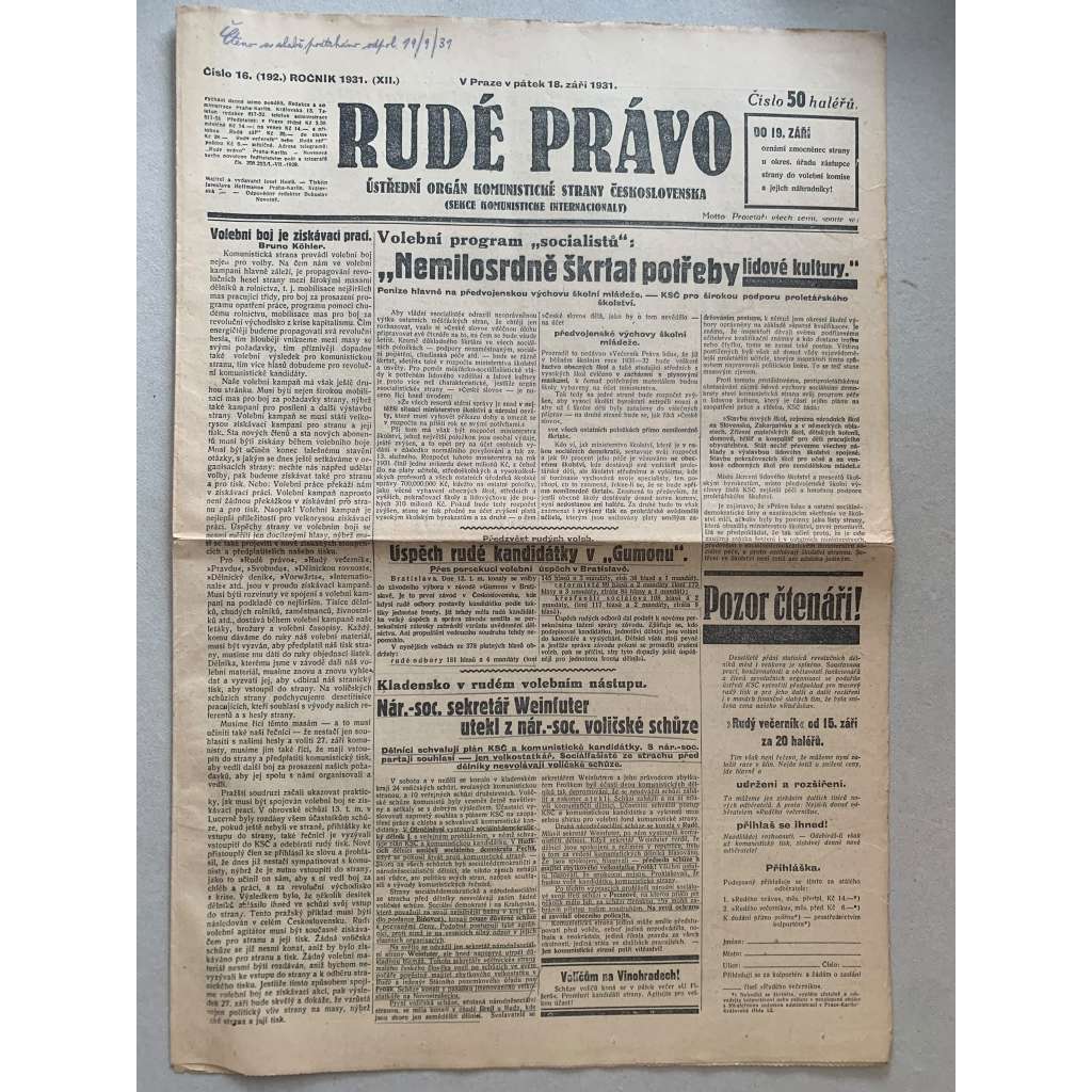 Rudé právo (18.9.1931) - 1. republika, staré noviny Rudé právo (18.9.1931) - 1. republika, staré noviny