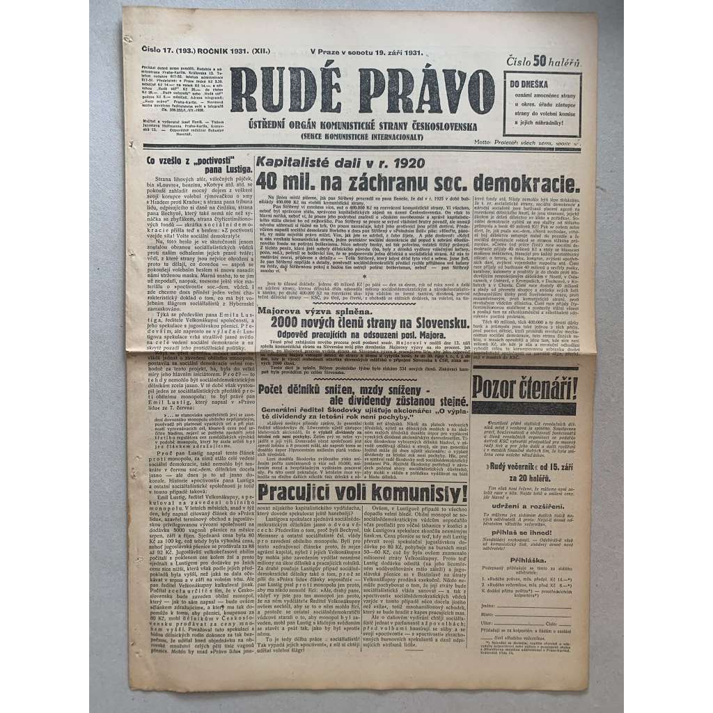 Rudé právo (19.9.1931) - 1. republika, staré noviny Rudé právo (19.9.1931) - 1. republika, staré noviny