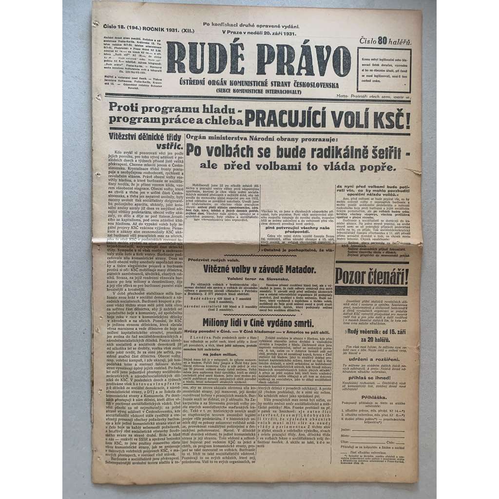 Rudé právo (20.9.1931) - 1. republika, staré noviny Rudé právo (20.9.1931) - 1. republika, staré noviny