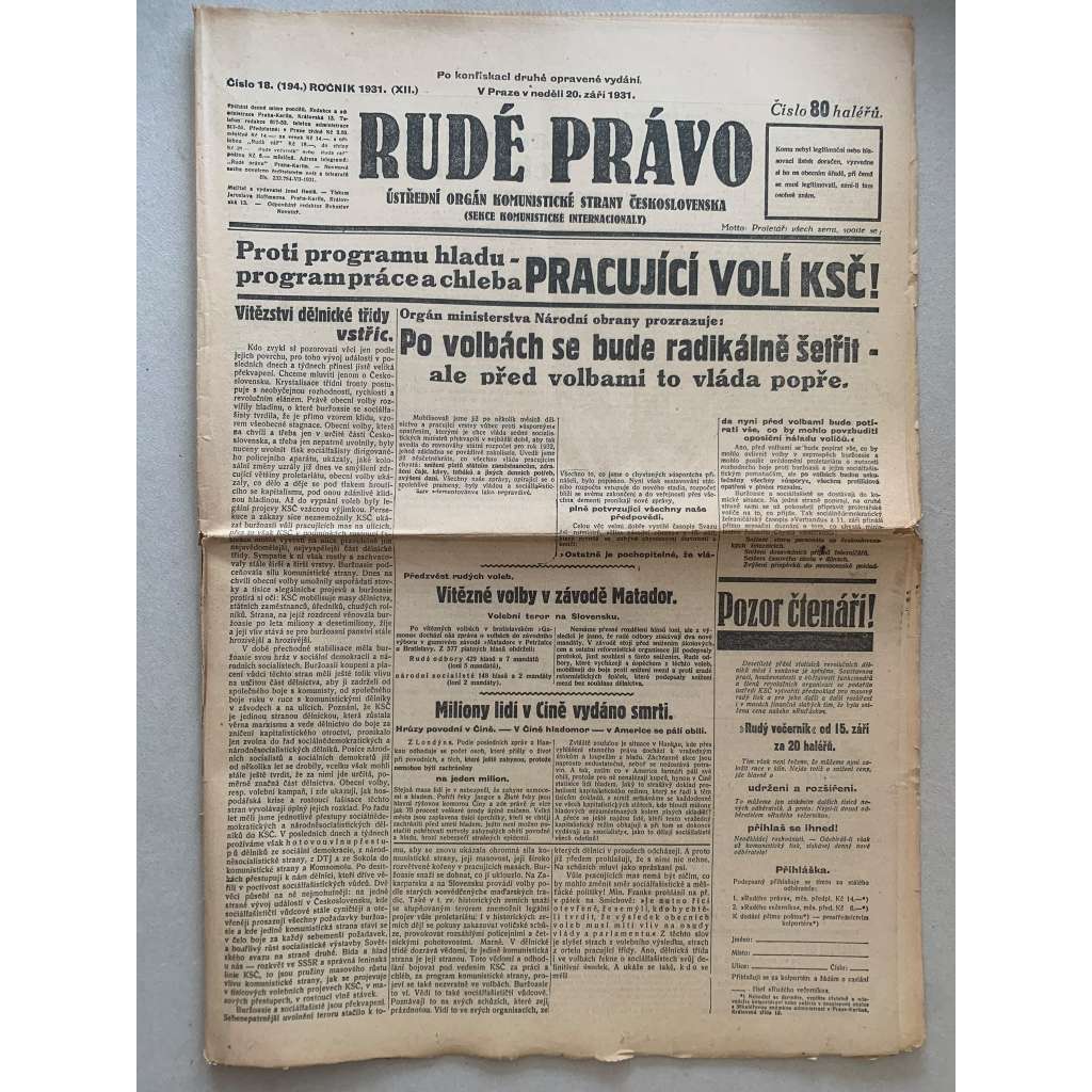 Rudé právo (20.9.1931) - 1. republika, staré noviny Rudé právo (20.9.1931) - 1. republika, staré noviny