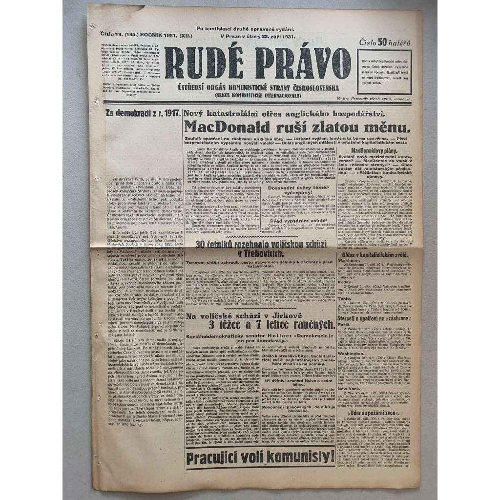 Rudé právo (22.9.1931) - 1. republika, staré noviny Rudé právo (22.9.1931) - 1. republika, staré noviny