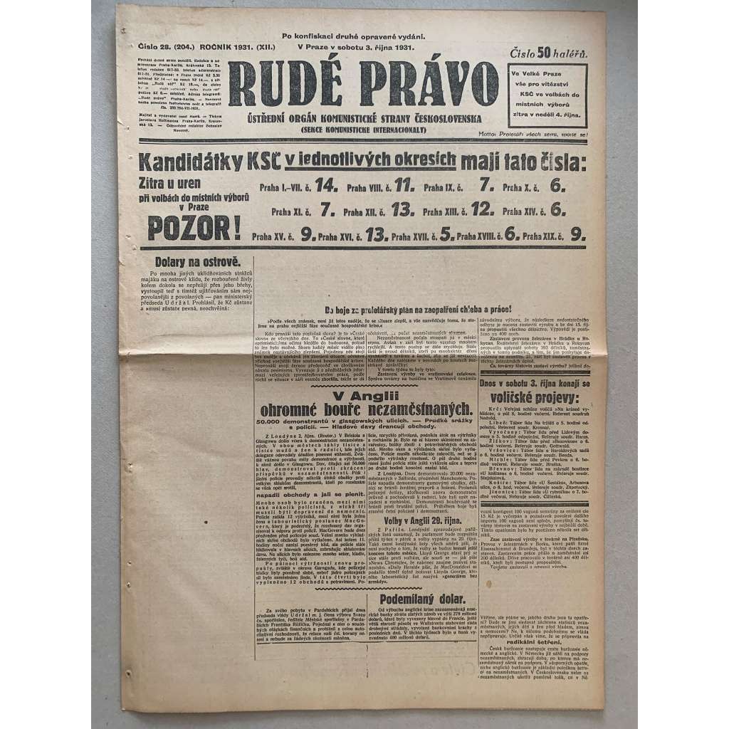 Rudé právo (3.10.1931) - 1. republika, staré noviny Rudé právo (3.10.1931) - 1. republika, staré noviny