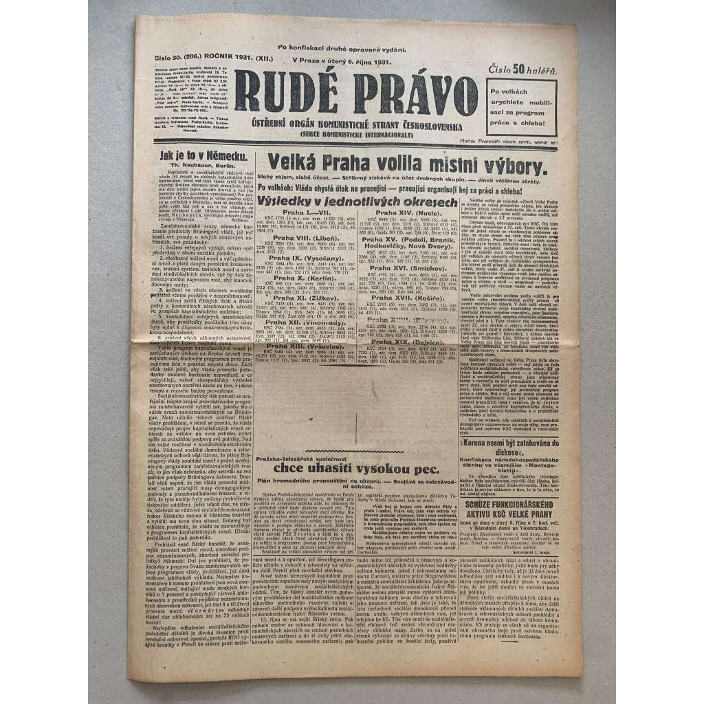 Rudé právo (6.10.1931) - 1. republika, staré noviny Rudé právo (6.10.1931) - 1. republika, staré noviny
