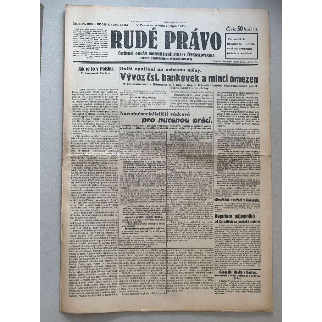 Rudé právo (7.10.1931) - 1. republika, staré noviny Rudé právo (7.10.1931) - 1. republika, staré noviny