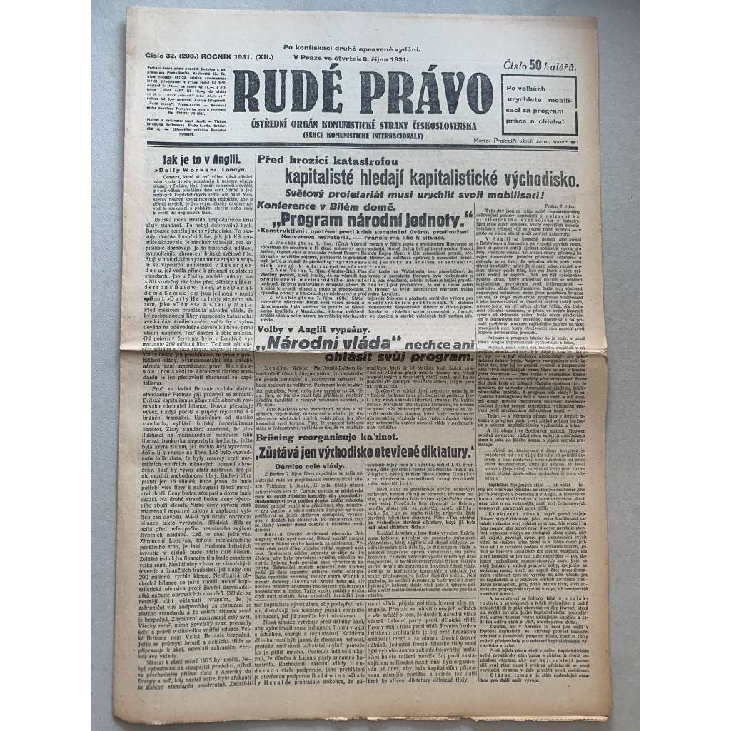 Rudé právo (8.10.1931) - 1. republika, staré noviny Rudé právo (8.10.1931) - 1. republika, staré noviny