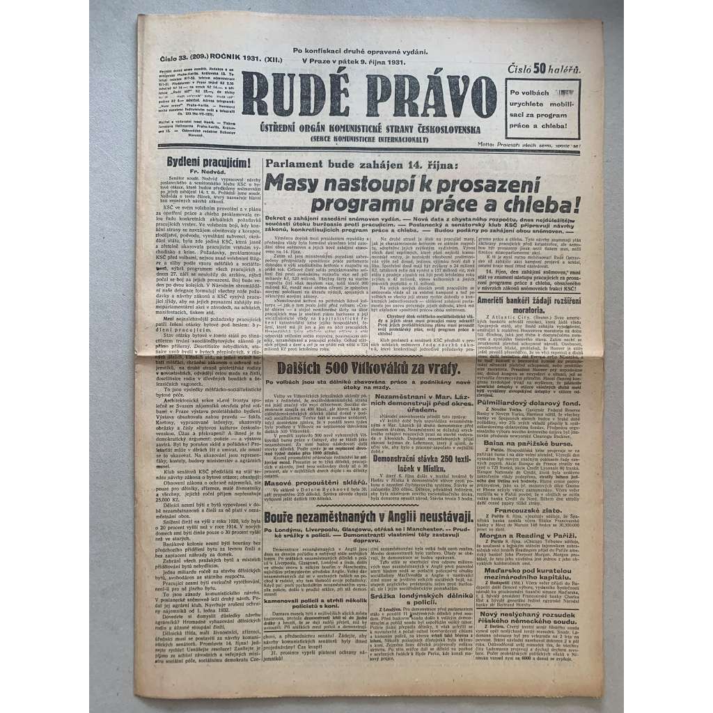 Rudé právo (9.10.1931) - 1. republika, staré noviny Rudé právo (9.10.1931) - 1. republika, staré noviny