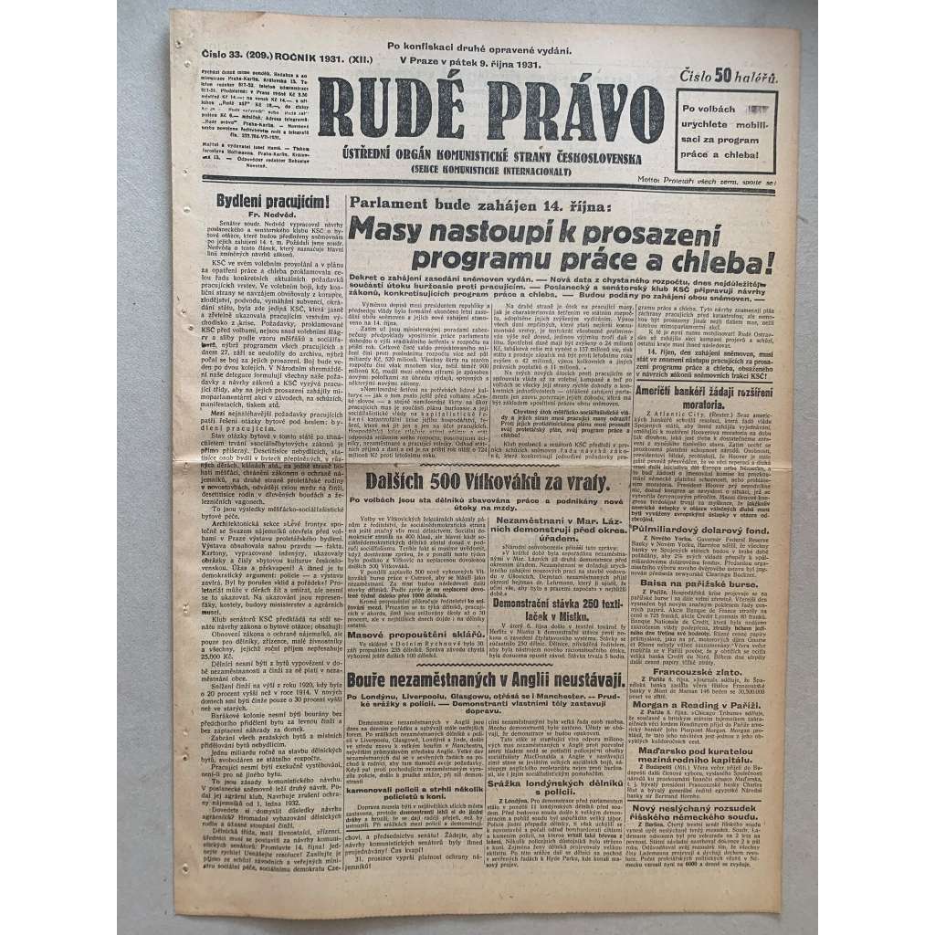 Rudé právo (9.10.1931) - 1. republika, staré noviny Rudé právo (9.10.1931) - 1. republika, staré noviny