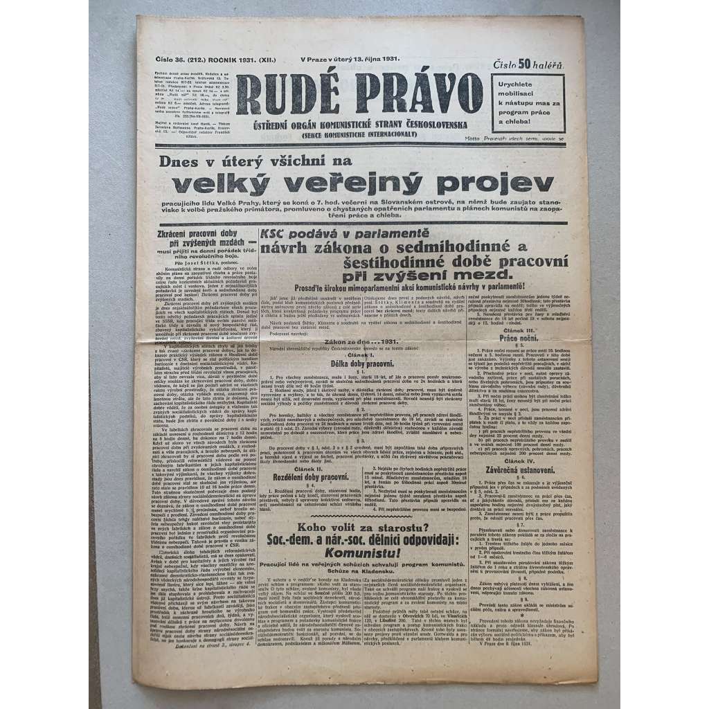 Rudé právo (13.10.1931) - 1. republika, staré noviny Rudé právo (13.10.1931) - 1. republika, staré noviny
