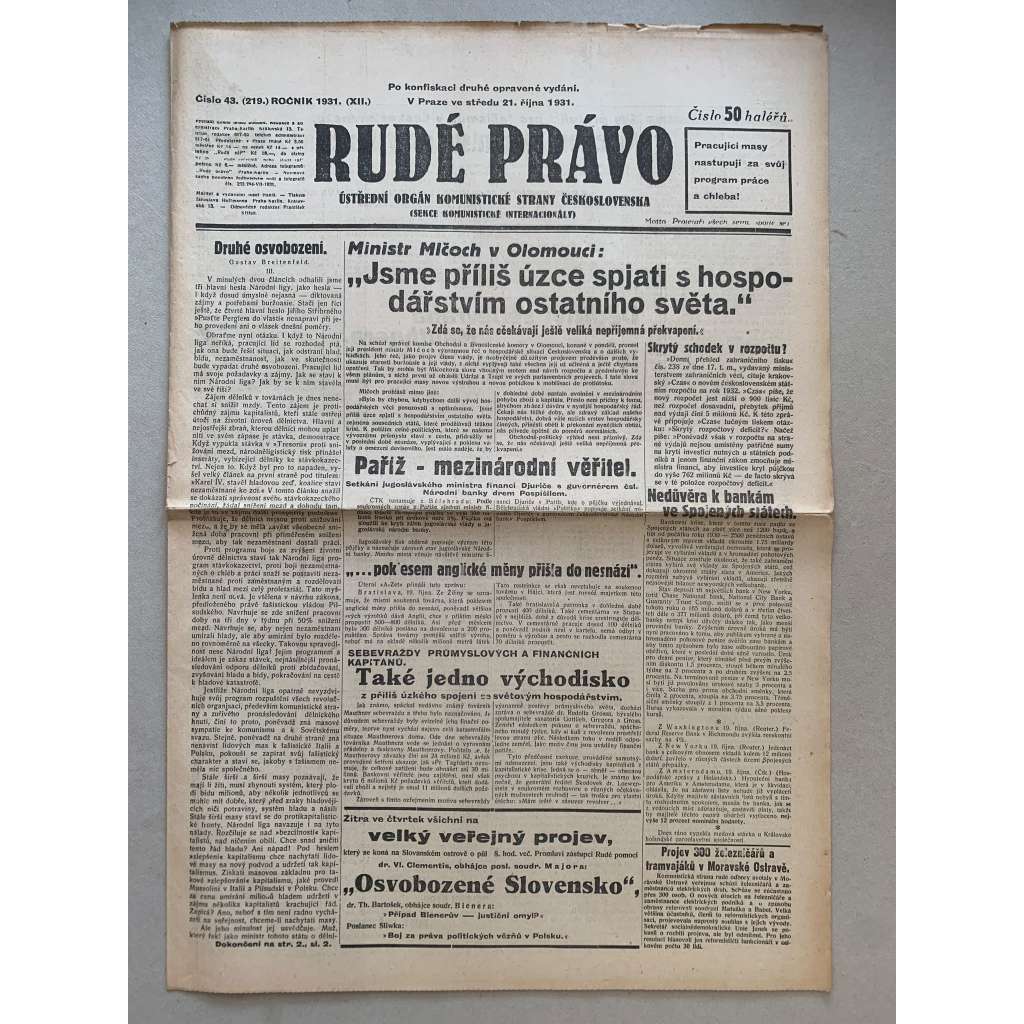 Rudé právo (21.10.1931) - 1. republika, staré noviny Rudé právo (21.10.1931) - 1. republika, staré noviny