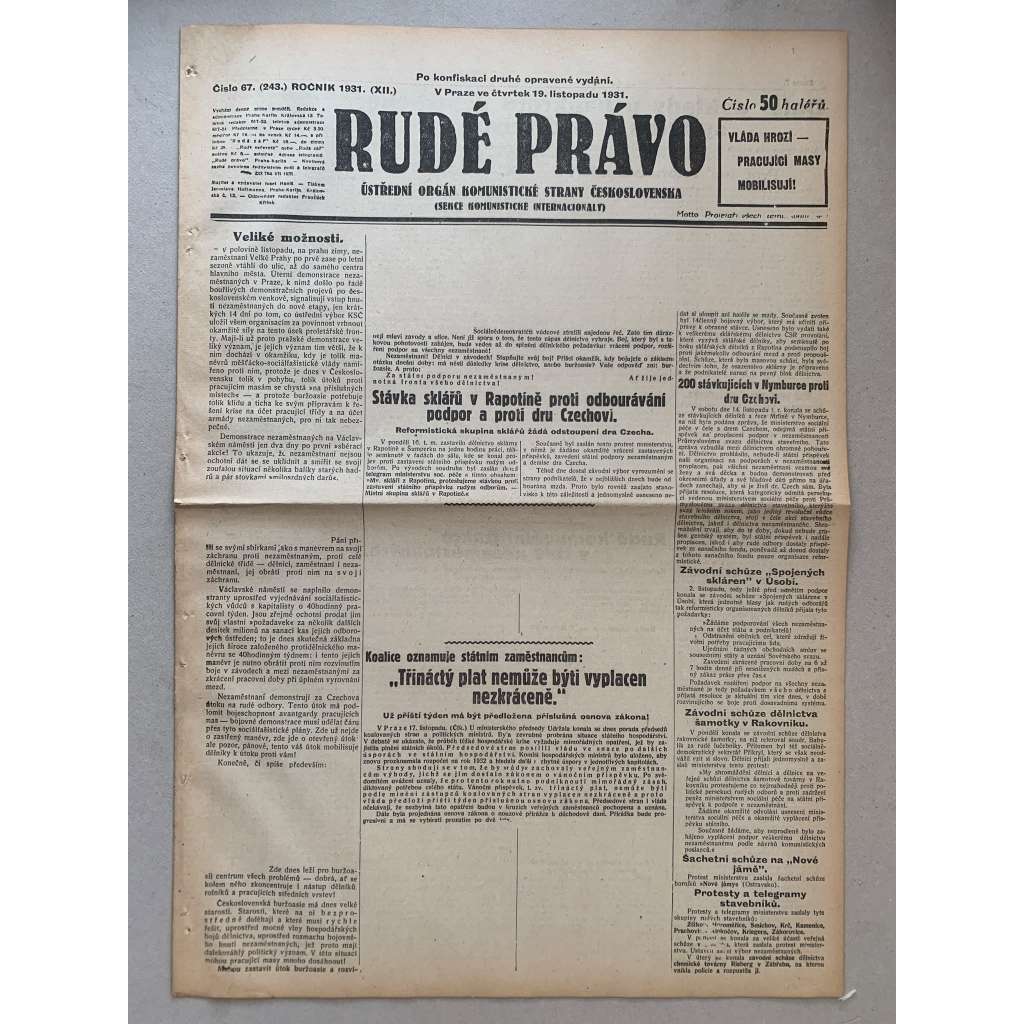 Rudé právo (19.11.1931) - 1. republika, staré noviny Rudé právo (19.11.1931) - 1. republika, staré noviny
