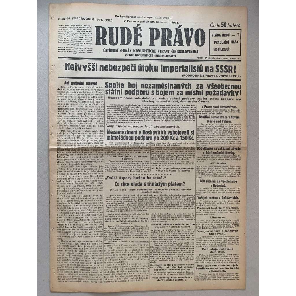 Rudé právo (20.11.1931) - 1. republika, staré noviny Rudé právo (20.11.1931) - 1. republika, staré noviny