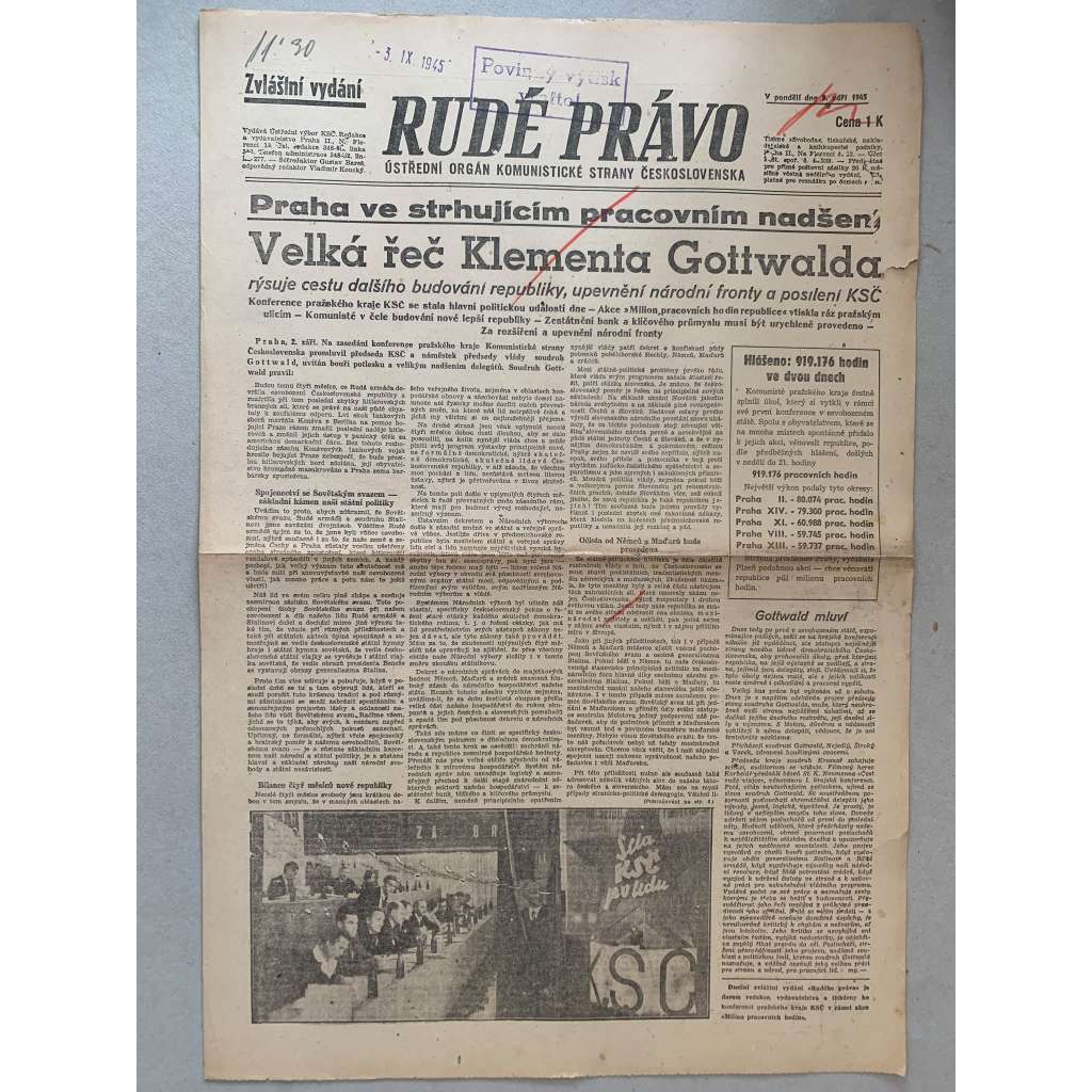 Rudé právo (3.9.1945) - 1. republika, staré noviny
