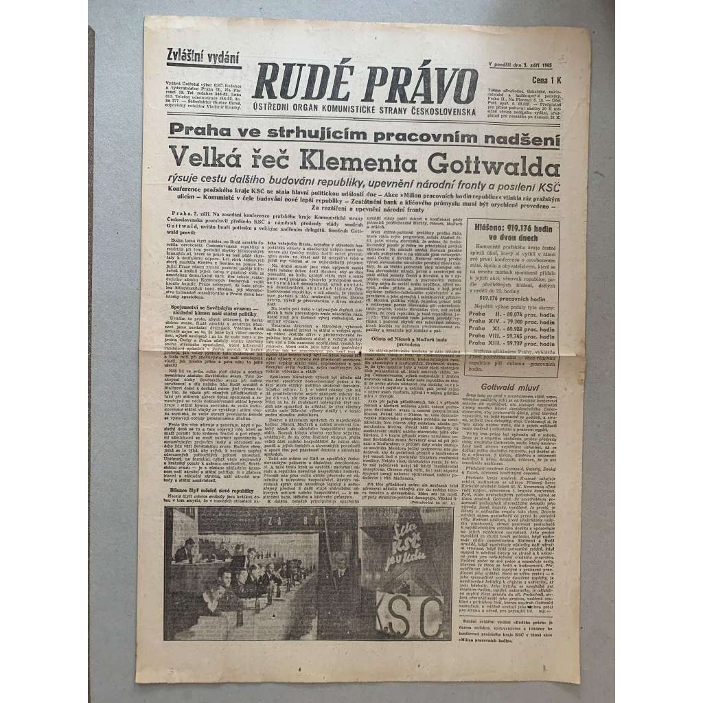 Rudé právo (3.9.1945) - 1. republika, staré noviny