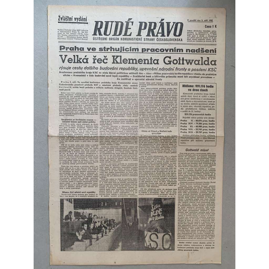 Rudé právo (3.9.1945) - 1. republika, staré noviny