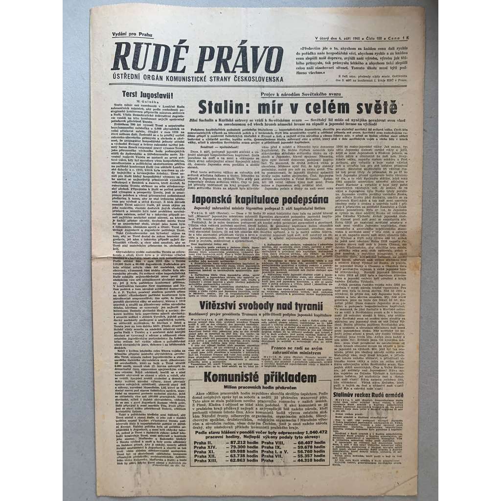Rudé právo (4.9.1945) - 1. republika, staré noviny