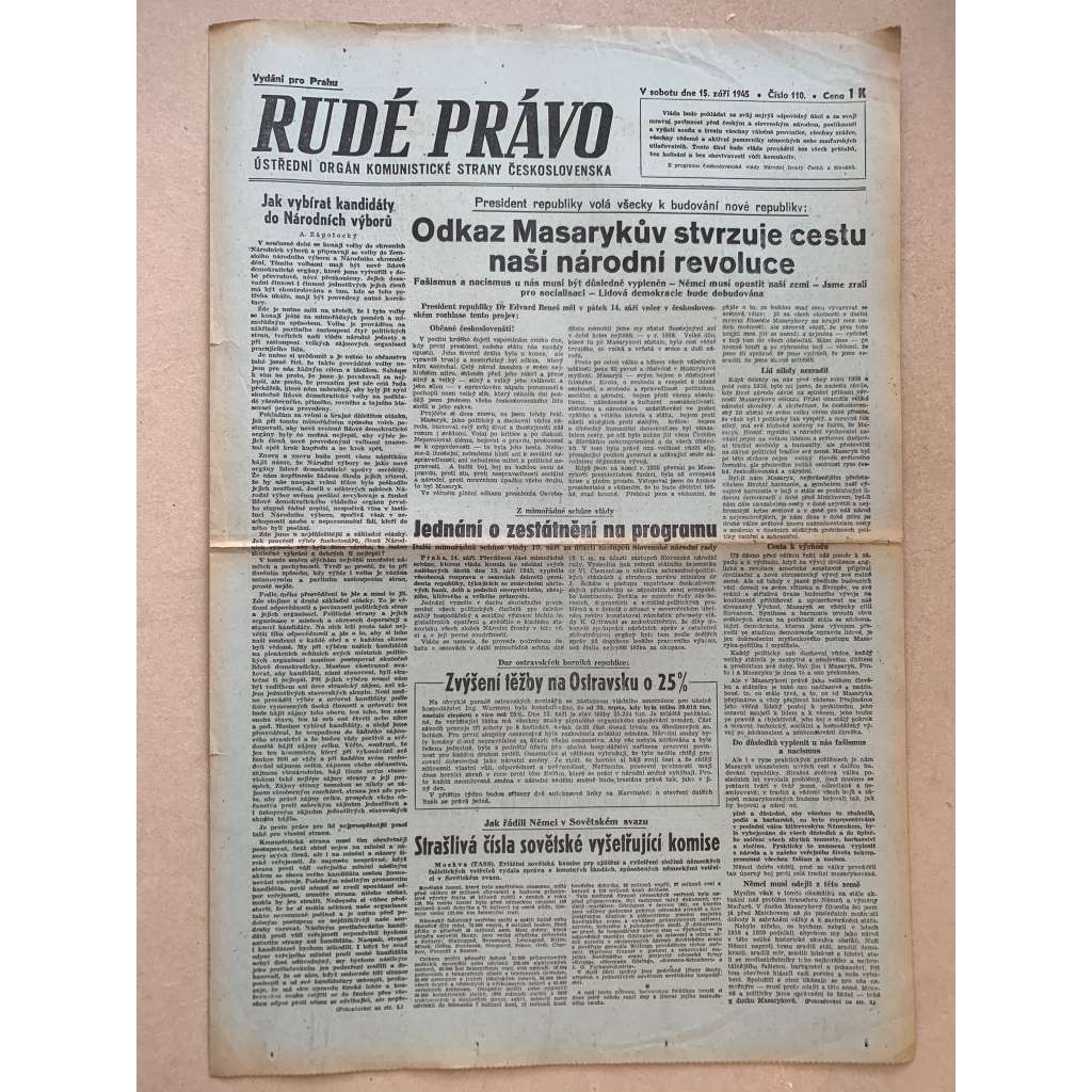Rudé právo (15.9.1945) - 1. republika, staré noviny