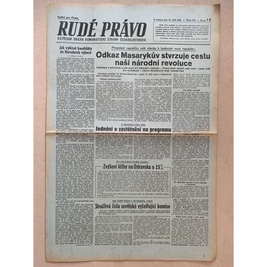 Rudé právo (15.9.1945) - 1. republika, staré noviny