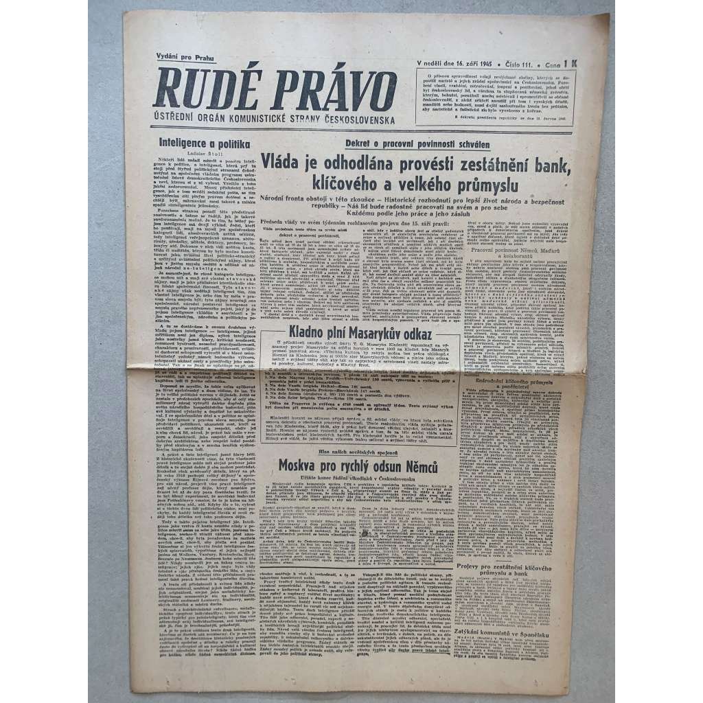 Rudé právo (16.9.1945) - 1. republika, staré noviny