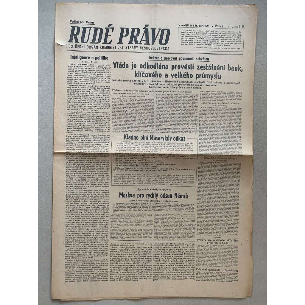 Rudé právo (16.9.1945) - 1. republika, staré noviny