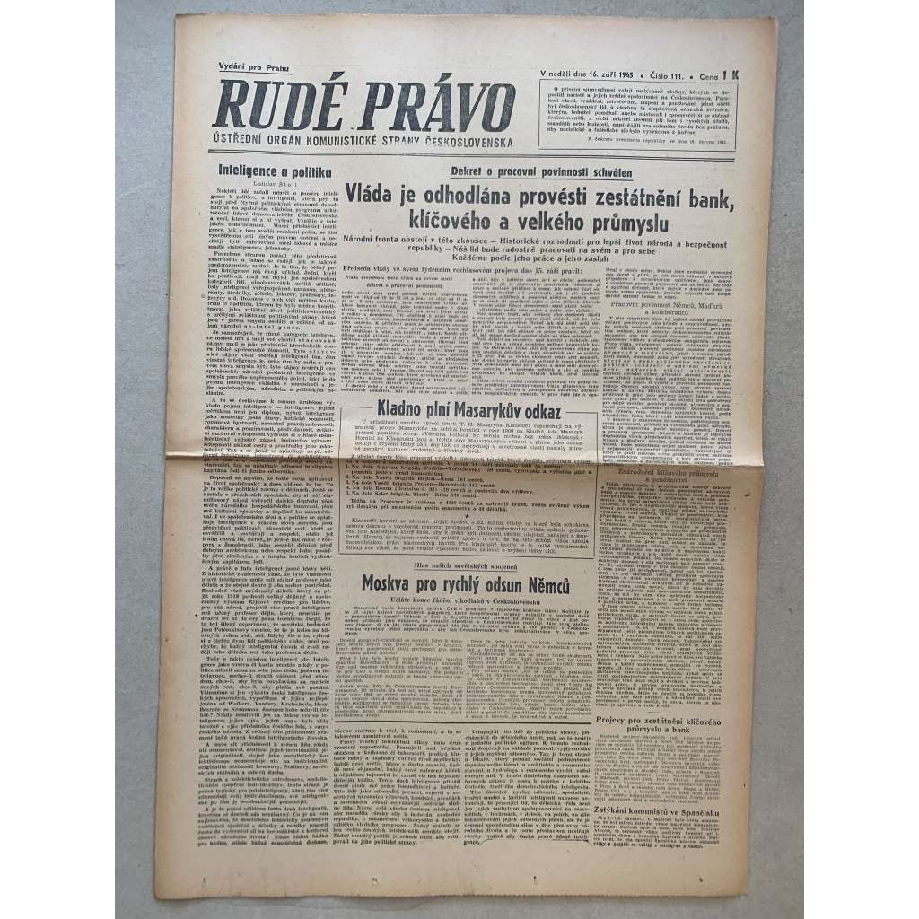 Rudé právo (16.9.1945) - 1. republika, staré noviny