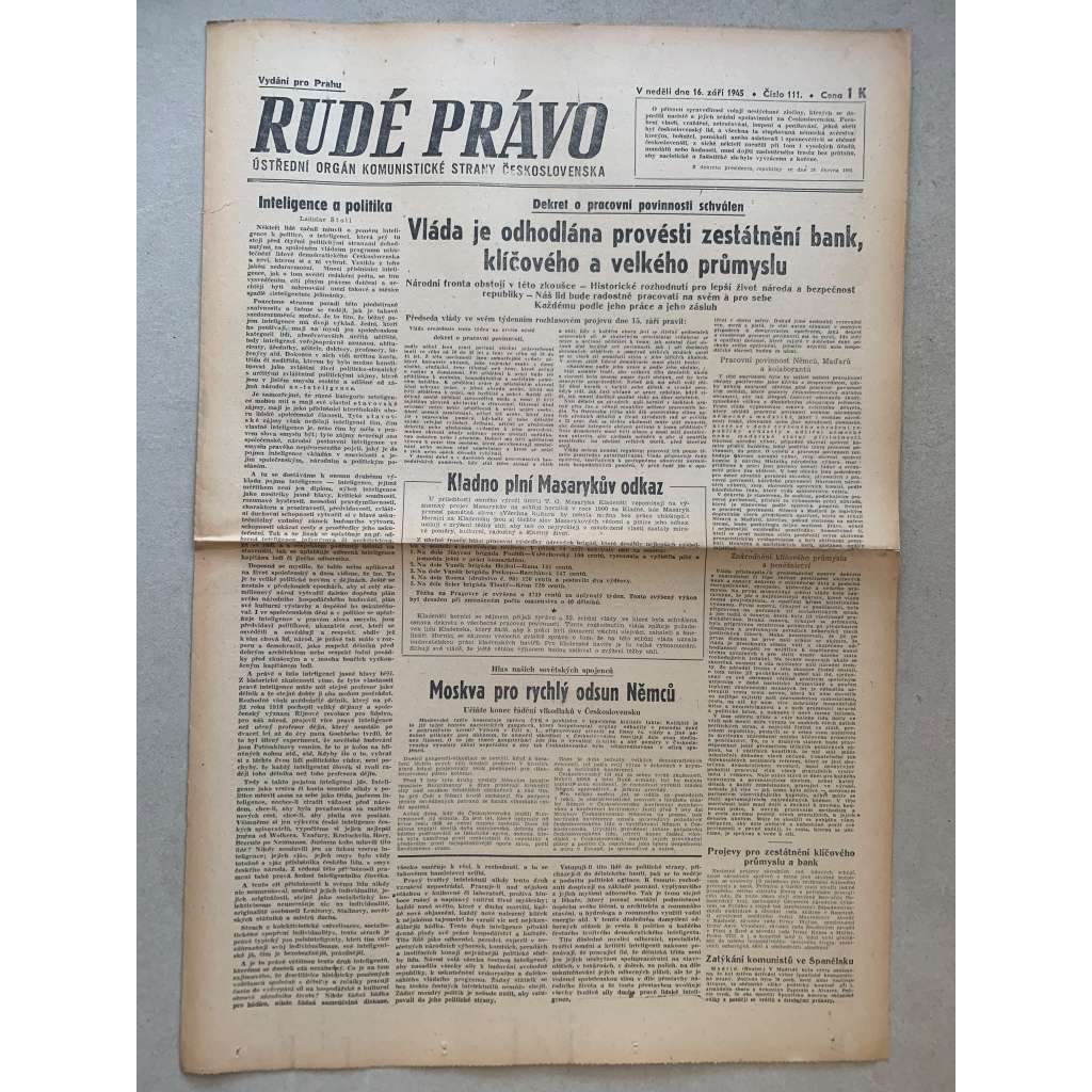 Rudé právo (16.9.1945) - 1. republika, staré noviny