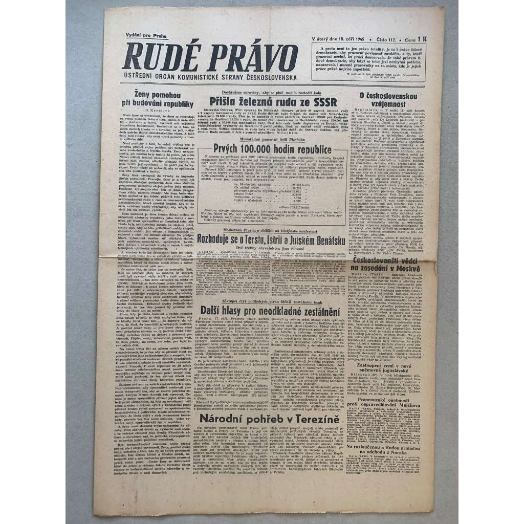 Rudé právo (18.9.1945) - 1. republika, staré noviny