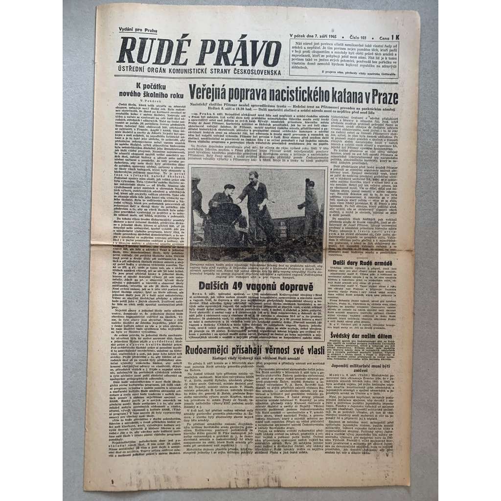 Rudé právo (7.9.1945) - 1. republika, staré noviny
