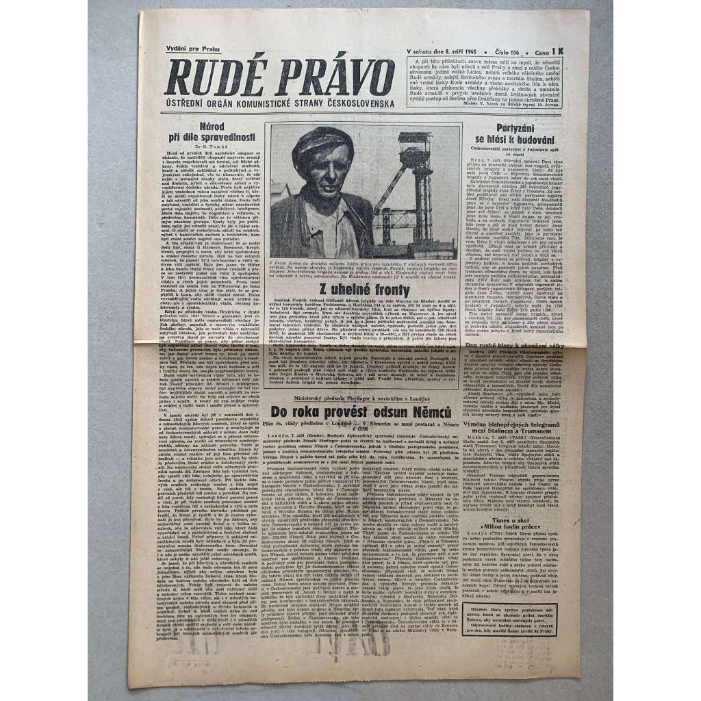 Rudé právo (8.9.1945) - 1. republika, staré noviny