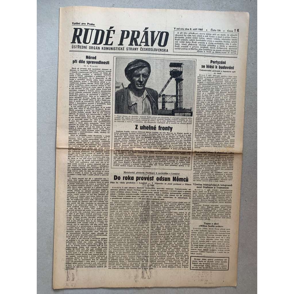 Rudé právo (8.9.1945) - 1. republika, staré noviny