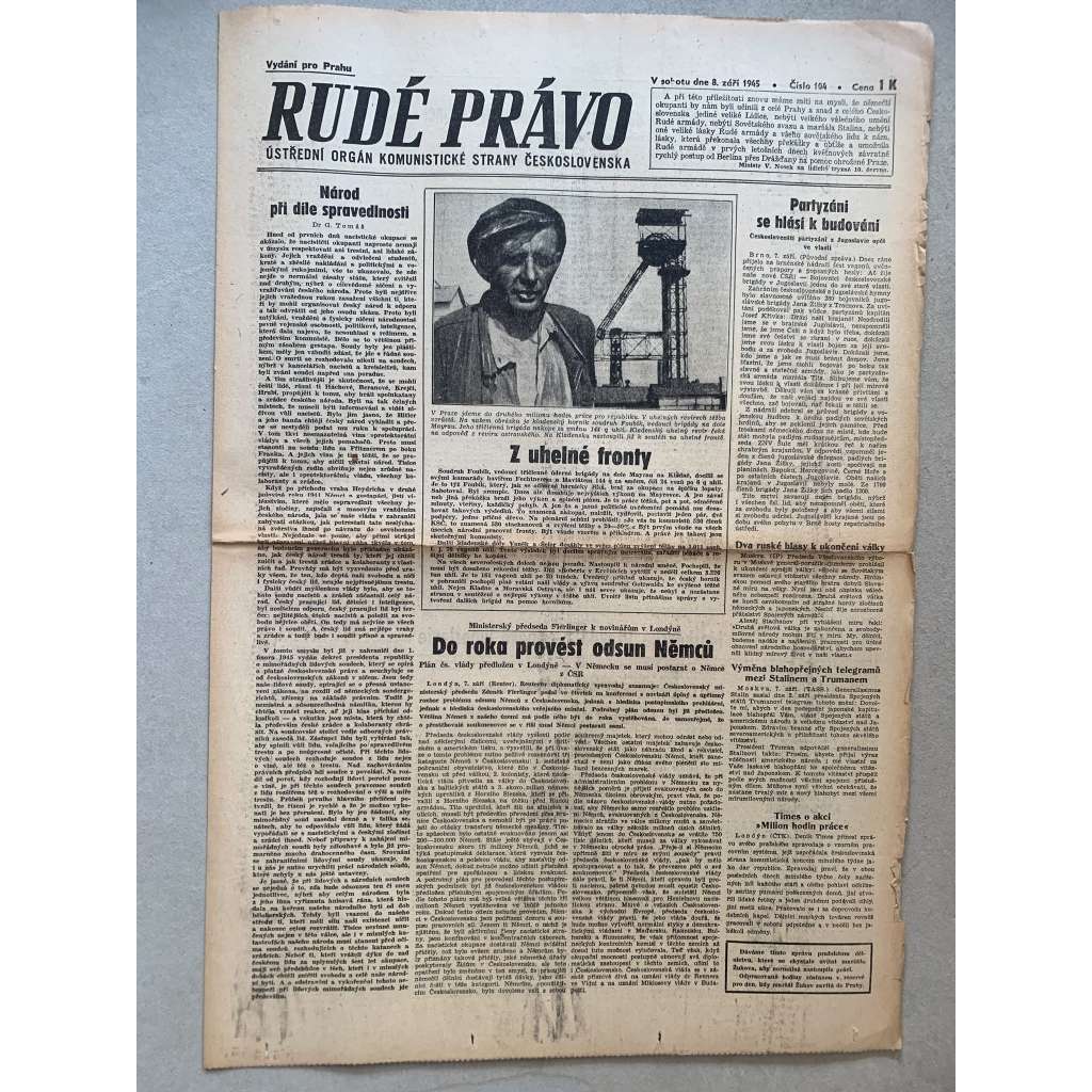 Rudé právo (8.9.1945) - 1. republika, staré noviny