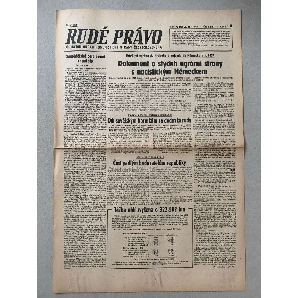 Rudé právo (25.9.1945) - 1. republika, staré noviny Rudé právo (25.9.1945) - 1. republika, staré noviny