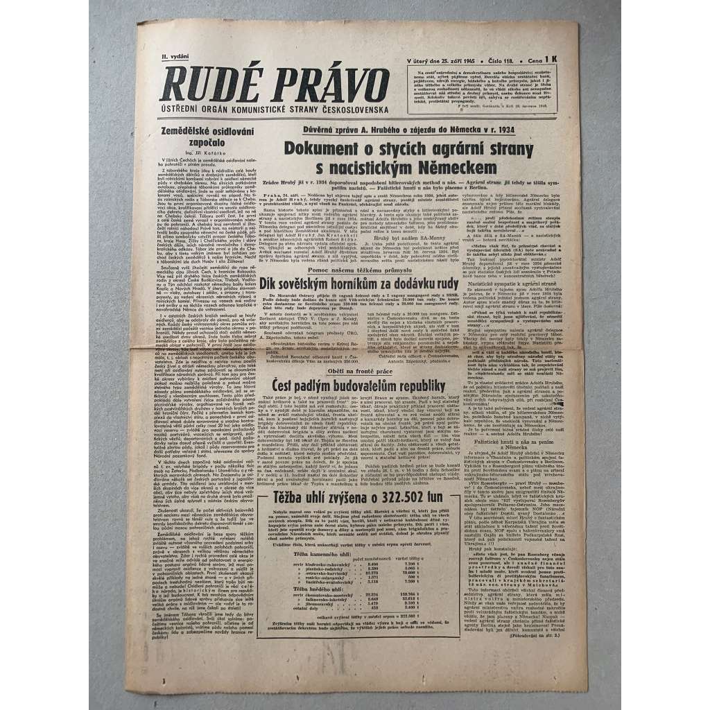 Rudé právo (25.9.1945) - 1. republika, staré noviny Rudé právo (25.9.1945) - 1. republika, staré noviny