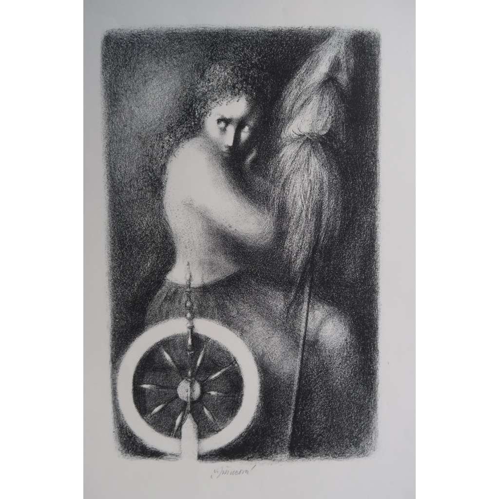 Ludmila Jiřincová - Zlatý kolovrat, grafika (litografie + podpis) z cyklu Kytice (Erben) HOL