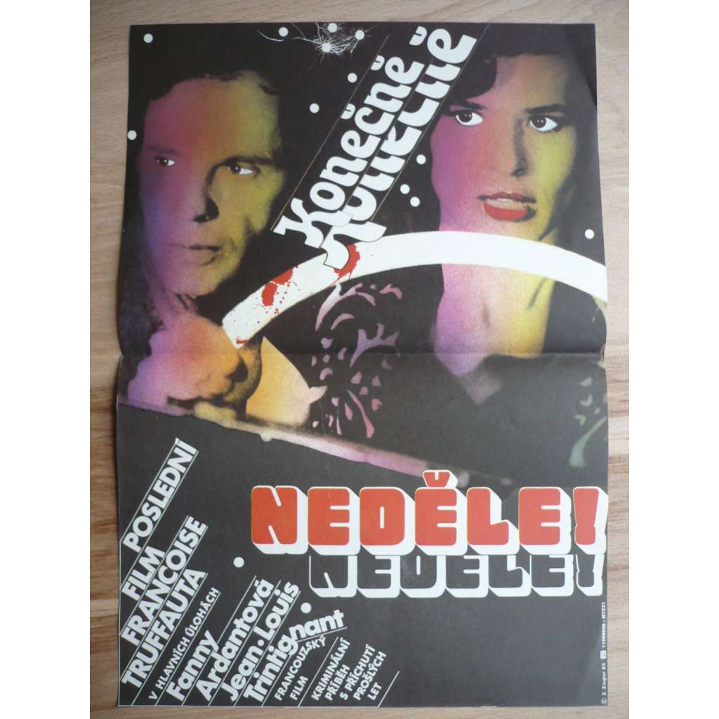 Konečně neděle! (filmový plakát, film Francie 1983, režie François Truffaut, Hrají: Fanny Ardant, Jean-Louis Trintignant, Jean-Pierre Kalfon)