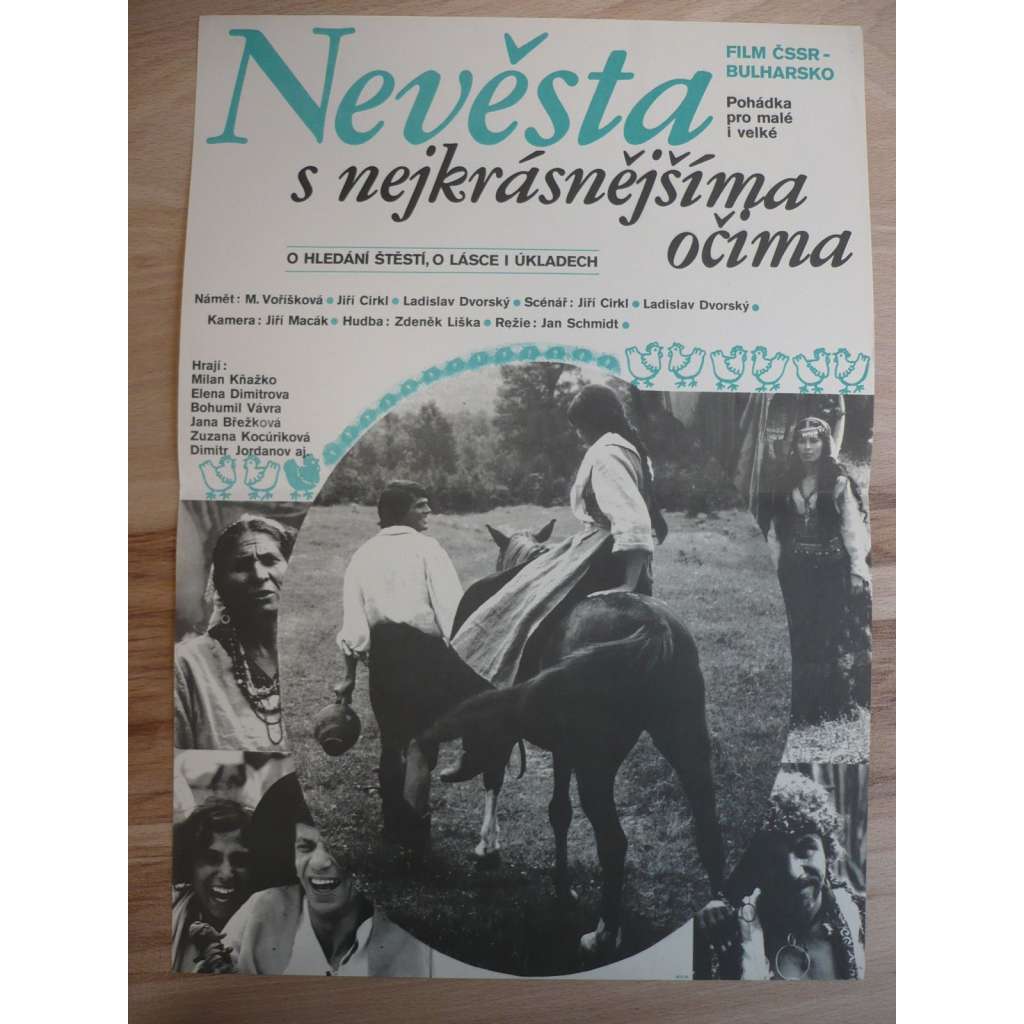 Nevěsta s nejkrásnějšíma očima (filmový plakát, film Bulharsko/ČSSR 1975, režie Jan Schmidt, Hrají: Milan Kňažko, Elena Dimitrova, Bohumil Vávra)