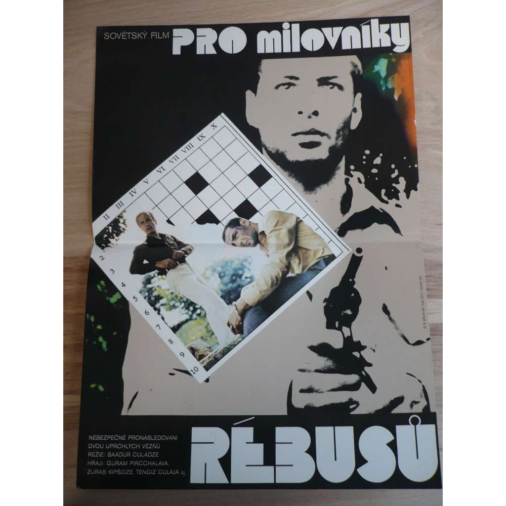 Pro milovníky rébusů (filmový plakát, film SSSR 1983, režie Baadur Culadze, Hrají: Gurum Pircchalava, Zurab Kipšidze))