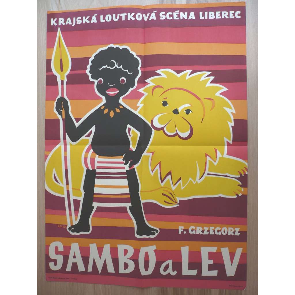 Sambo a lev (plakát, loutky, ČSSR, F. Grzegorz, Krajská loutková scéna v Liberci)