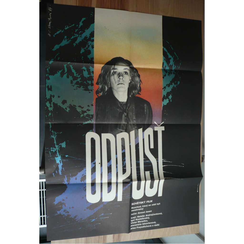 Odpusť (filmový plakát, film SSSR 1986, režie Ernest Yasan, Hrají: Natalja Andrejčenko, Igor Kostolevskij, Vladimir Meňšov)