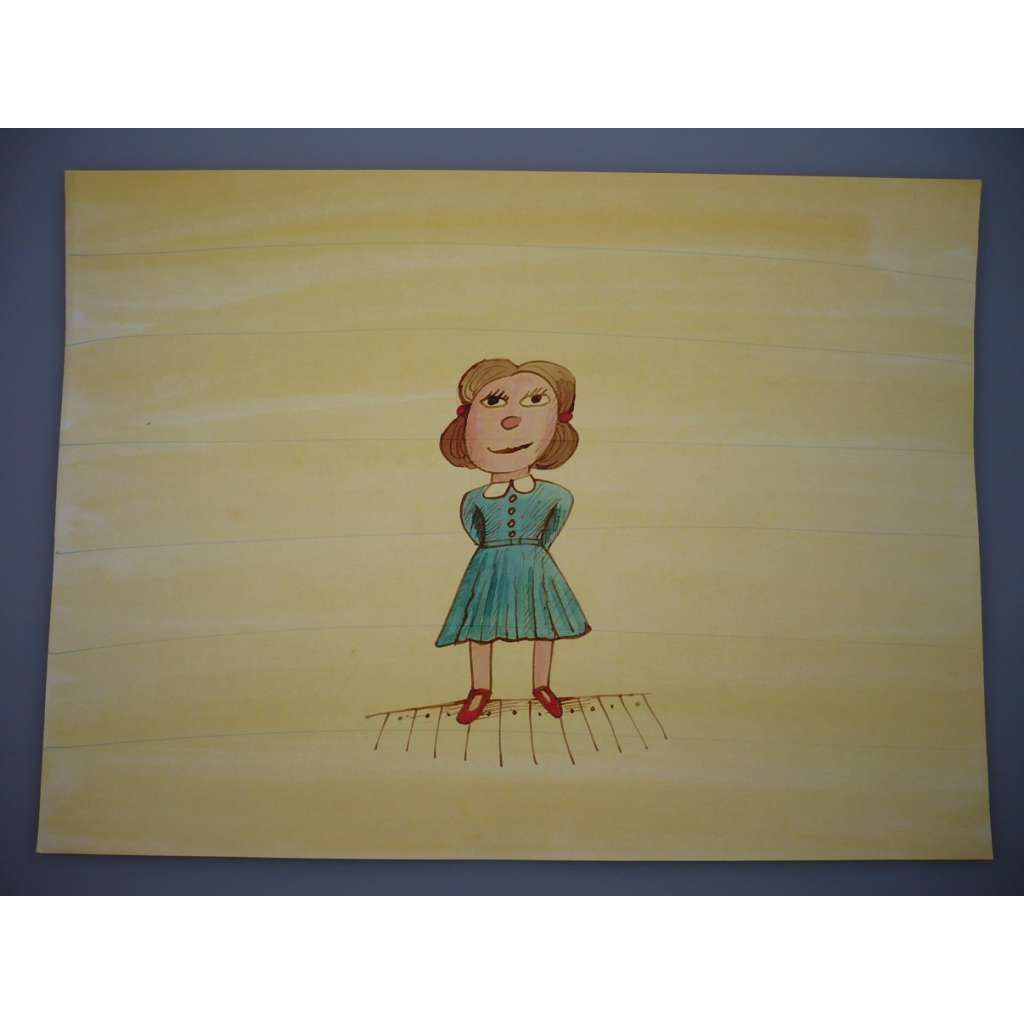 Dívka, šaty (Petr Poš , originál akvarel, televizní titulky, razítko ČST)