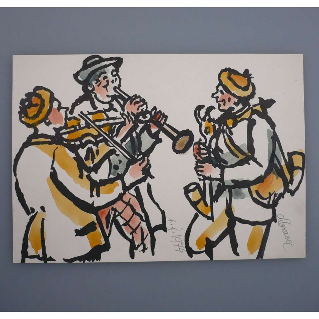 Alois Moravec (1899 - 1987) - PF 1974 Muzikanti - Akvarel, signovaná grafika