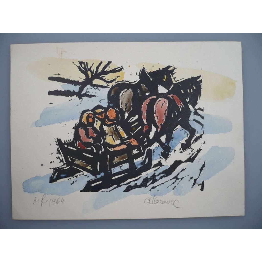 Alois Moravec (1899 - 1987) - PF 1964 Na saních - Akvarel, signovaná grafika